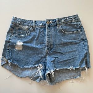 Distressed high waisted denim shorts